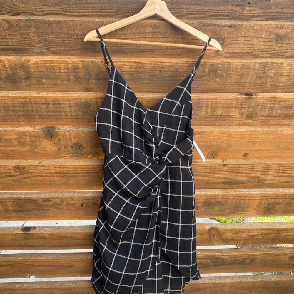 Lira black and white plaid faux-wrap dress